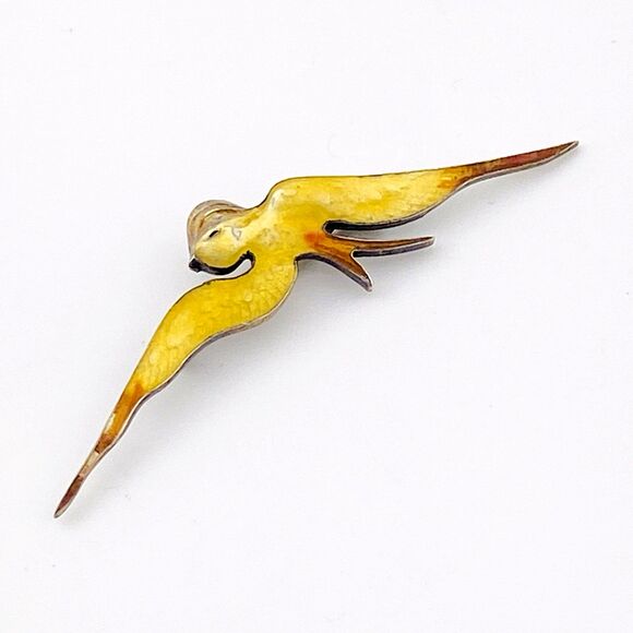 Paye & Baker Swallow Bird Flight Brooch Sterling Silver Yellow Guilloche Enamel - Picture 3 of 7